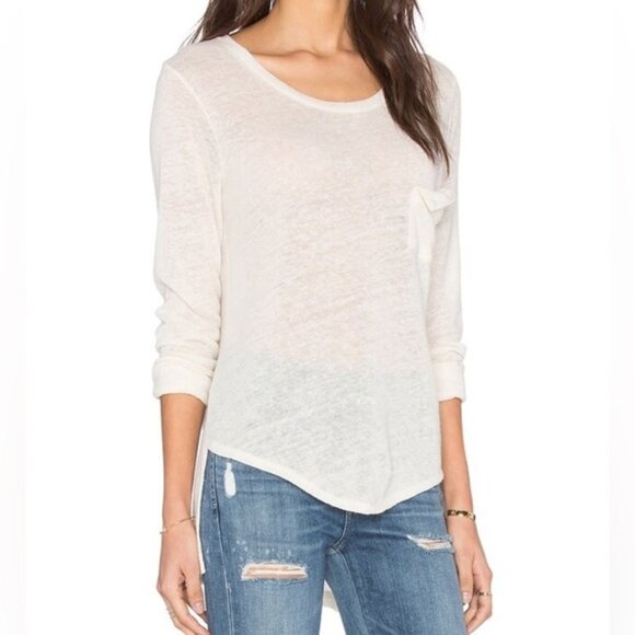 LNA Women's T-shirt Long Sleeve Torn Pocket Tee Top Linen Cream Ivory Small - Picture 5 of 13